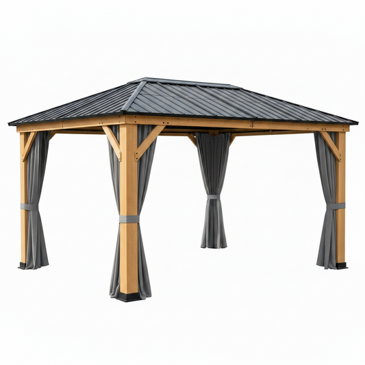 10 Ft. X 11 Ft. Cedar Wood Outdoor Gazebo with Steel Roof and Privacy Curtains