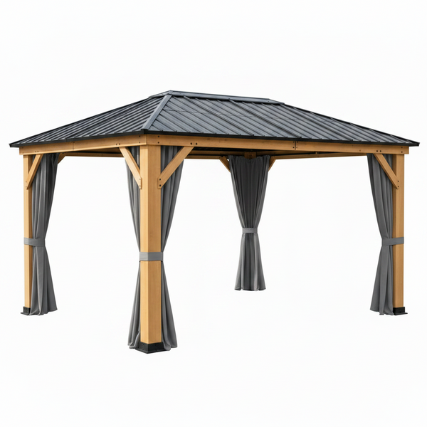 10 Ft. X 11 Ft. Cedar Wood Outdoor Gazebo with Steel Roof and Privacy Curtains