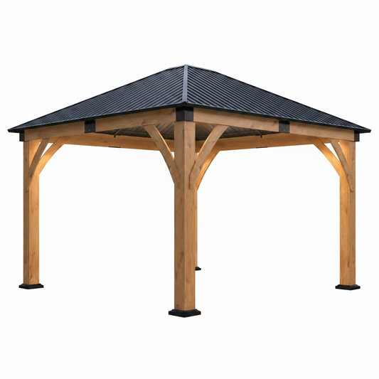 11' X 13' Wooden Gazebo with Galvanized Steel Roof, Outdoor Spruce Wood Patio Gazebo, Heavy-Duty Hardtop Gazebo for Garden, Poolside, Deck & Backyard