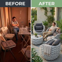 6-Piece Aluminum Patio Furniture Set, Olefin Rope Modern Outdoor Conversation Set Sectional Sofa with Water Repellent Thick Cushions and Coffee Table for Balcony, Garden, Light Grey — Before & After