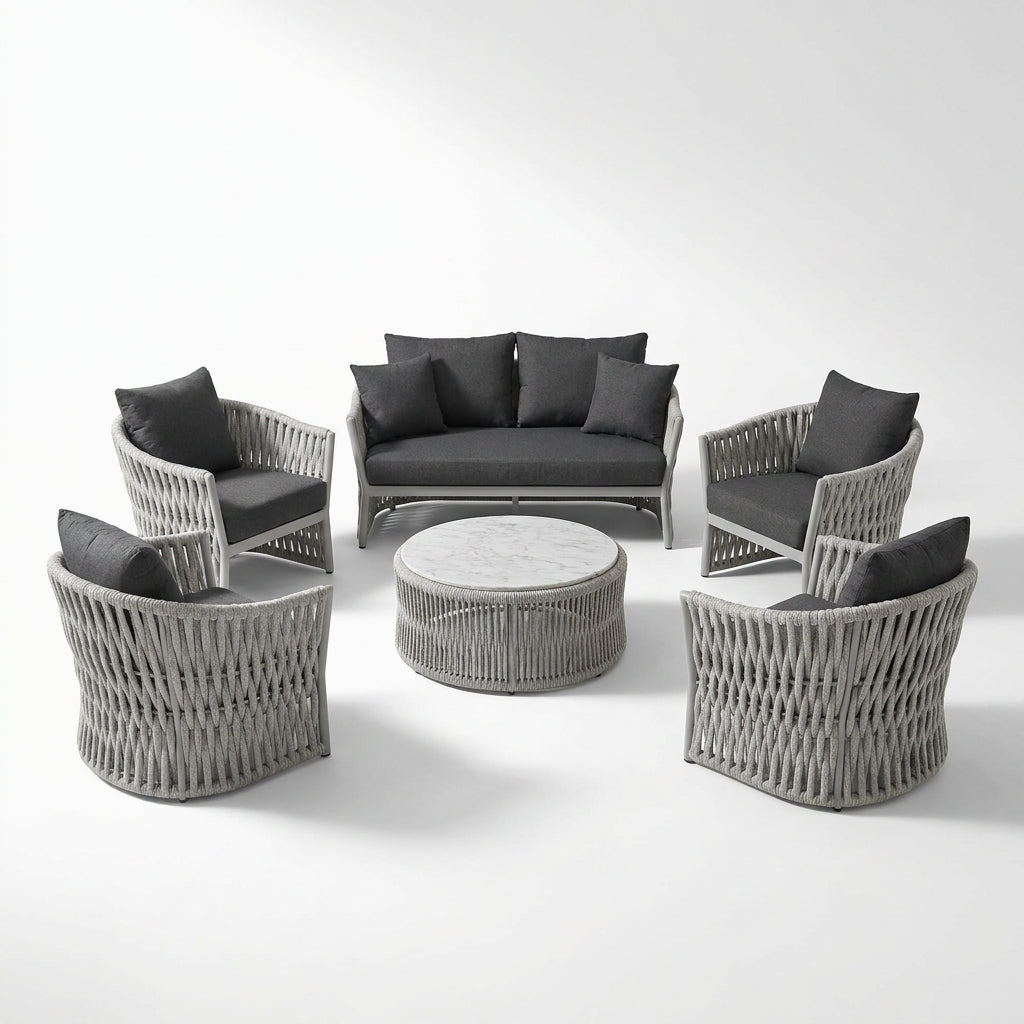 6-Piece Aluminum Patio Furniture Set, Olefin Rope Modern Outdoor Conversation Set Sectional Sofa with Water Repellent Thick Cushions and Coffee Table for Balcony, Garden, Light Grey — Studio Shot