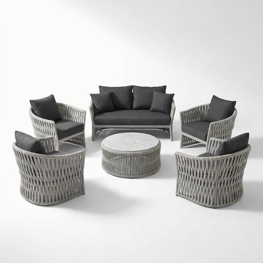 6-Piece Aluminum Patio Furniture Set, Olefin Rope Modern Outdoor Conversation Set Sectional Sofa with Water Repellent Thick Cushions and Coffee Table for Balcony, Garden, Light Grey — Studio Shot