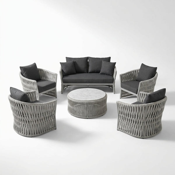 6-Piece Aluminum Patio Furniture Set, Olefin Rope Modern Outdoor Conversation Set Sectional Sofa with Water Repellent Thick Cushions and Coffee Table for Balcony, Garden, Light Grey — Studio Shot