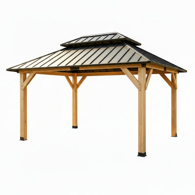 10' X 12' Wooden Gazebo,Patio Hardtop Gazebo Wood,Diy Color Permanent Pavilion with Galvanized Steel Double Metal Roof for Backyard, Deck(Windproof, Snow-Load Bearing, Waterproof, Rustproof)